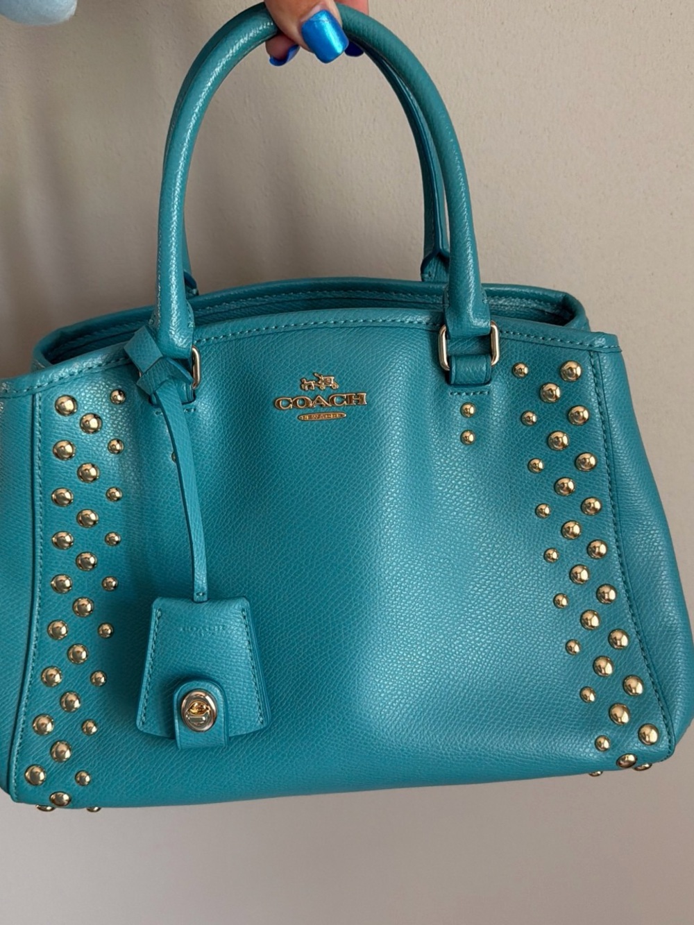 Coach Mini Margot Turquoise Purse with Gold Studs